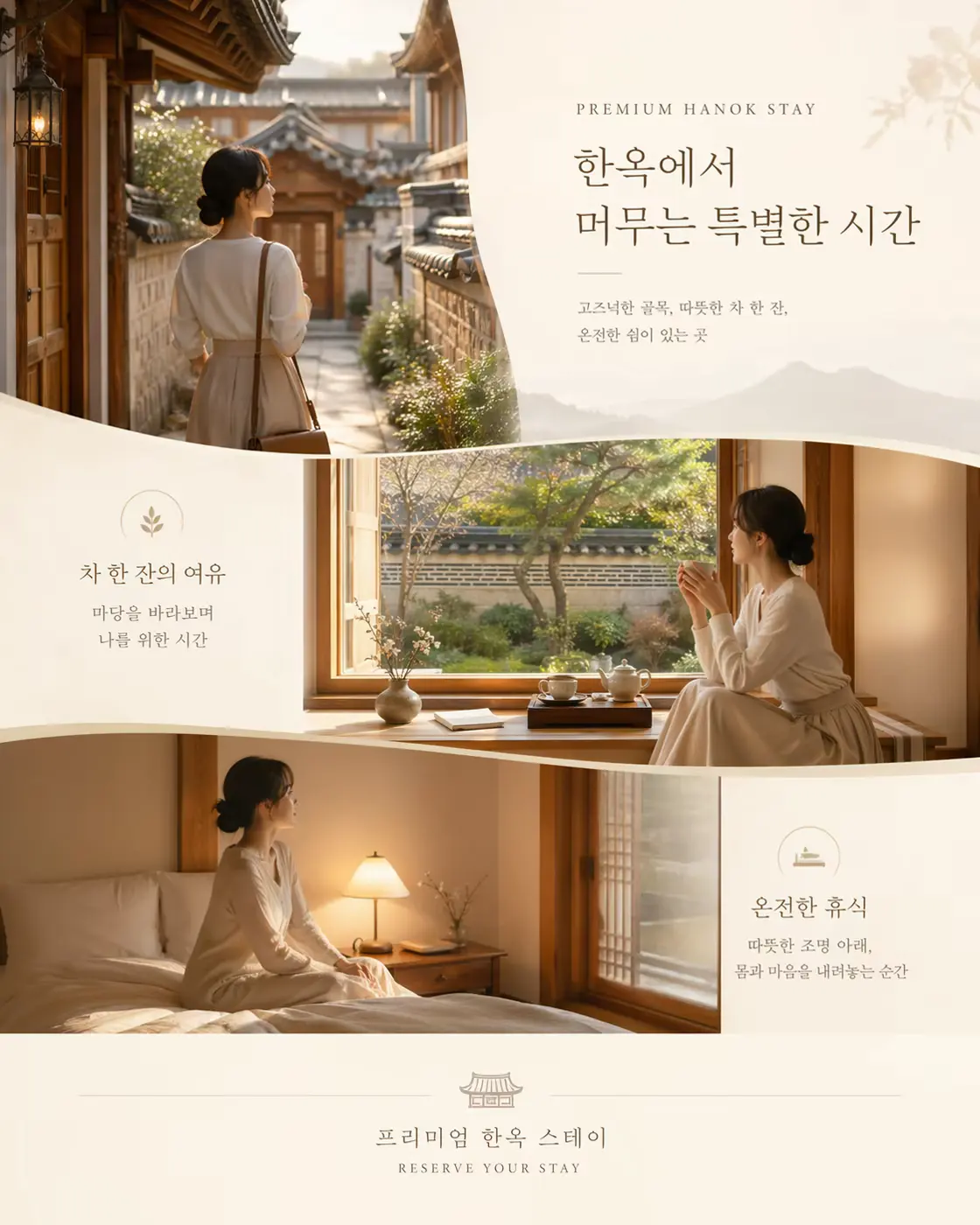 Generated with ChatGPT Images 2.0, this premium hospitality campaign presents a Korean hanok stay through a polished multi-panel brochure layout, combining lifestyle photography, elegant Korean typography, branding, and serene editorial composition. It shows the model’s ability to create market-ready travel and hospitality advertising assets with strong cultural aesthetic coherence.