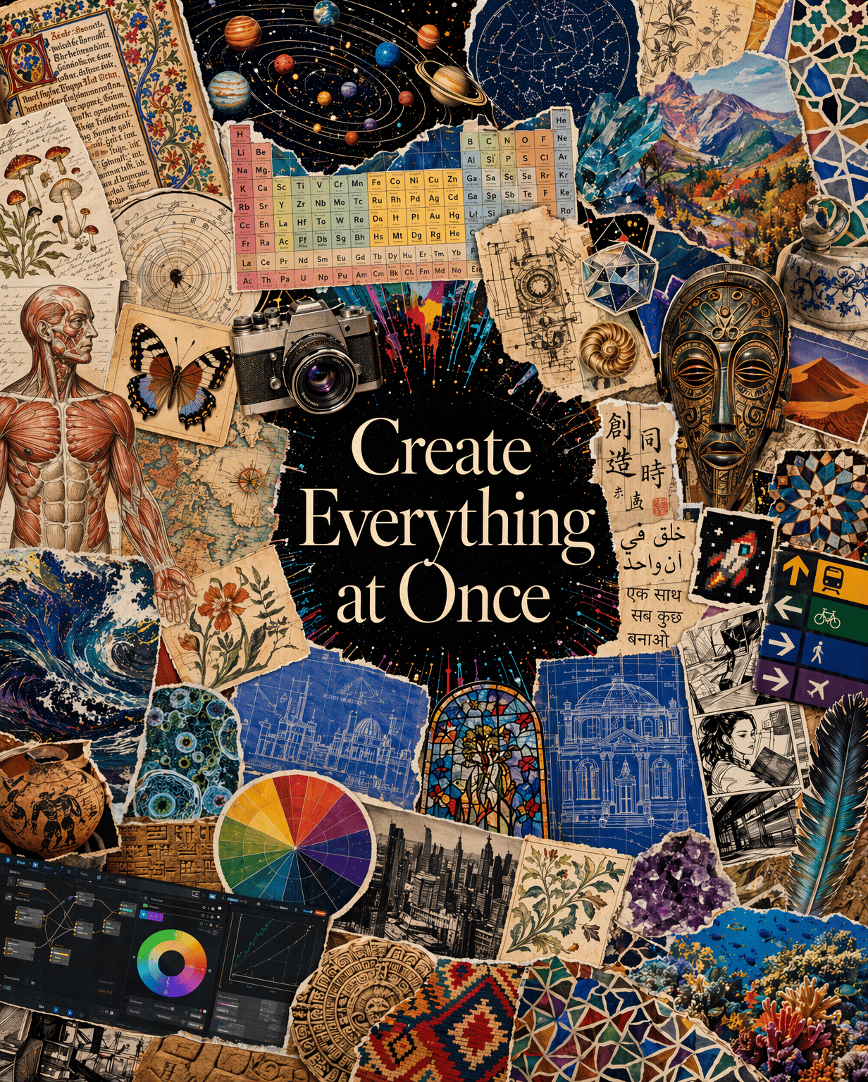 Generated with ChatGPT Images 2.0, this richly layered collage poster features art, science, history, design, and global culture surrounding the phrase “Create Everything at Once,” blending planets, anatomy sketches, maps, architecture, symbols, crystals, and mixed media imagery into a vibrant creative mosaic.