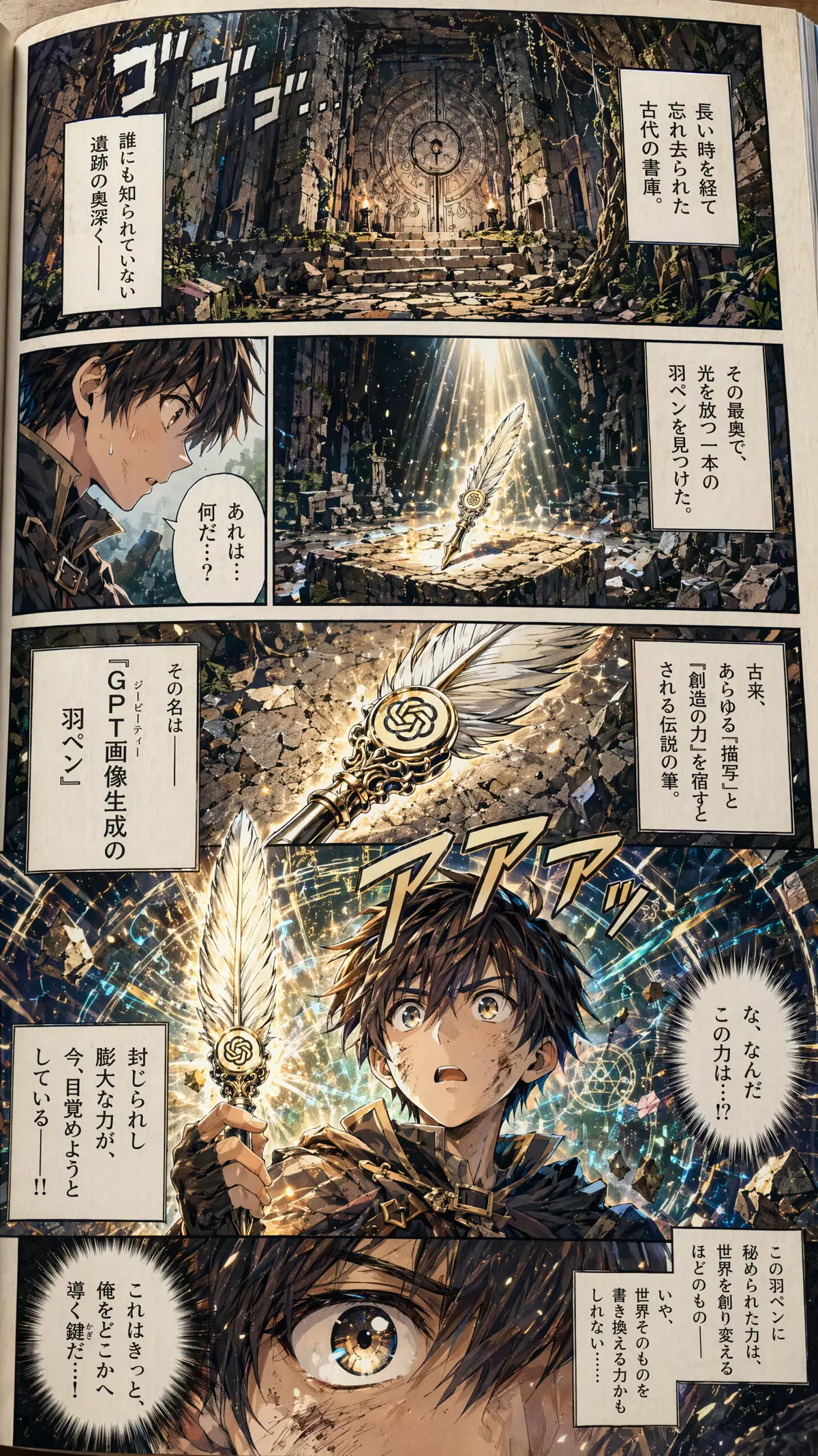 Generated with ChatGPT Images 2.0, this dramatic manga-style fantasy comic page in Japanese shows a young adventurer discovering a glowing magical feather pen in ancient ruins, with cinematic panels, dynamic effects, and detailed fantasy artwork.